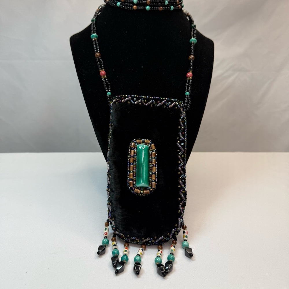 Vintage Black Velvet Bohemian Beaded Pouch Necklace w/Turquoise Focal Bead